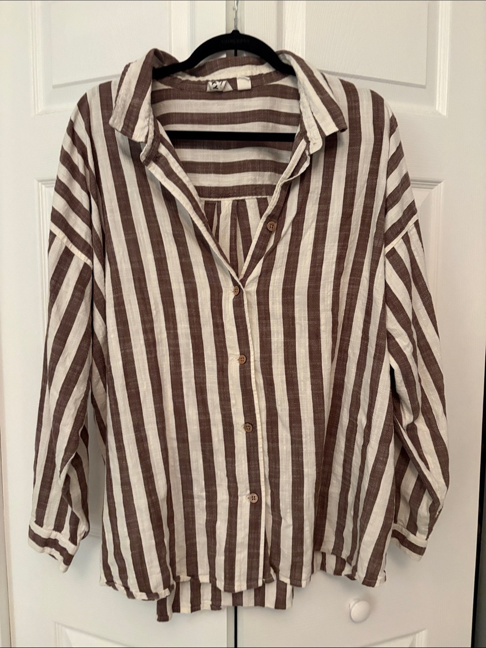 Roxy Brown White Striped Linen Button Down Shirt XL Beachy Coastal Boho